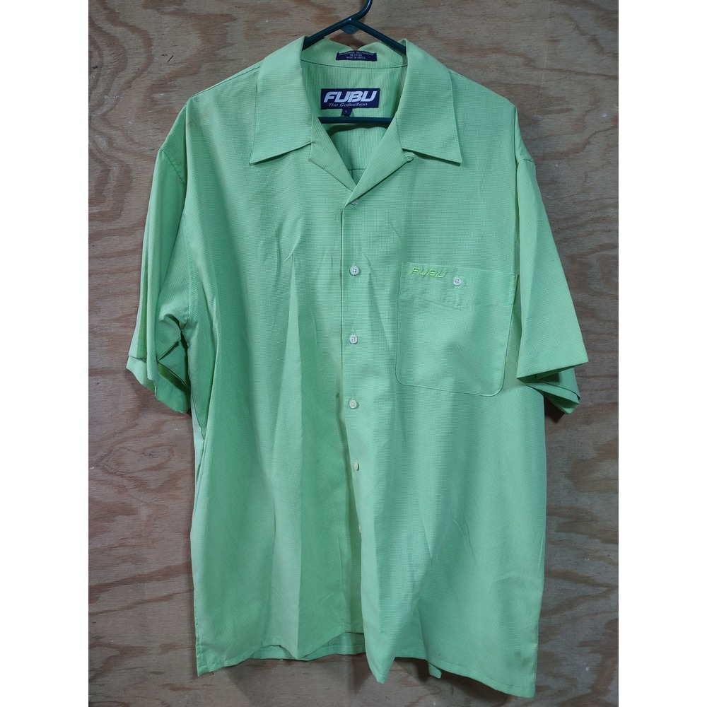 Vintage FUBU The Collection Lime Green Micro Check Button Down Shirt Mens Large